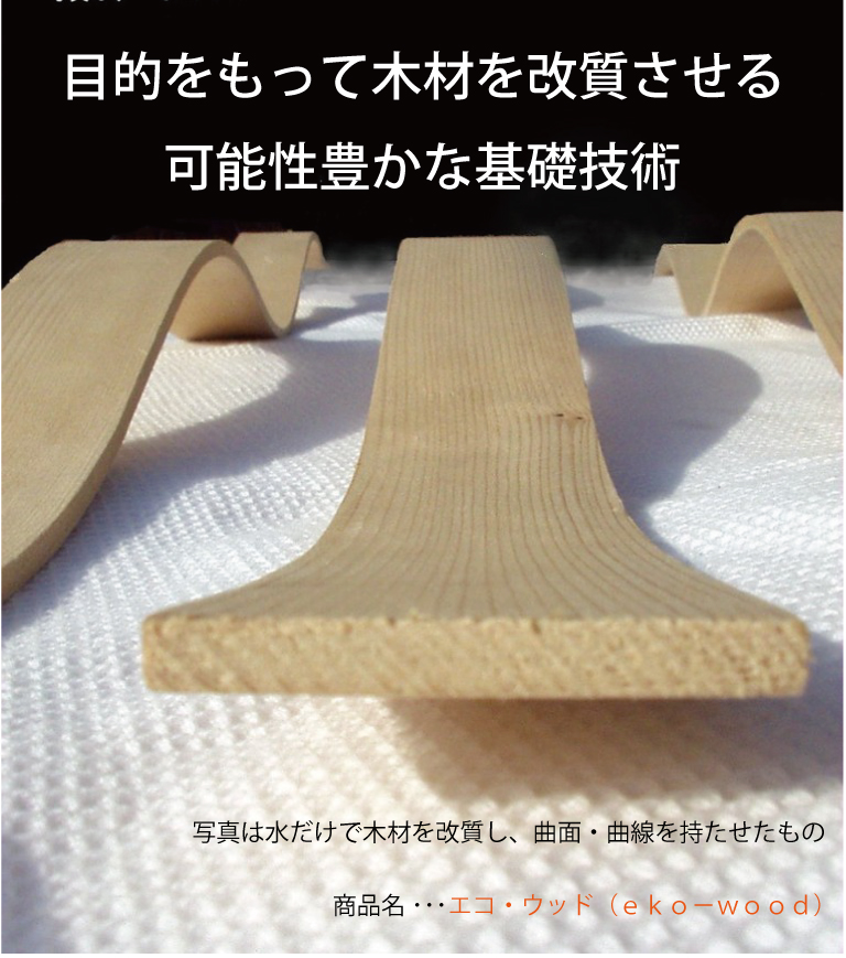 プログレスの技術は目的をもって木材を改質させる
可能性豊かな基礎技術。写真は水だけで木材を改質し、曲面・曲線を持たせたもの。商品名 ･･･エコ・ウッド（ｅｋｏ－ｗｏｏｄ）